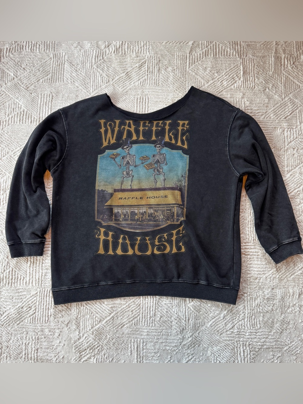 Waffle House Grateful Dead Style Skeleton Graphic Crewneck Sweatshirt Distressed